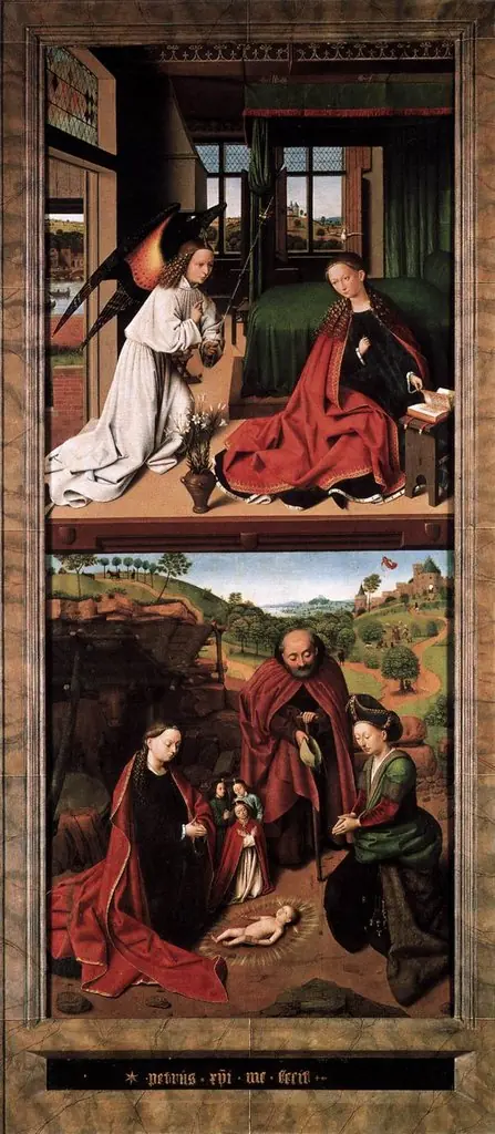 The adoration of the Christ Child; in the background the annunciation to the shepherds, by Petrus Christus