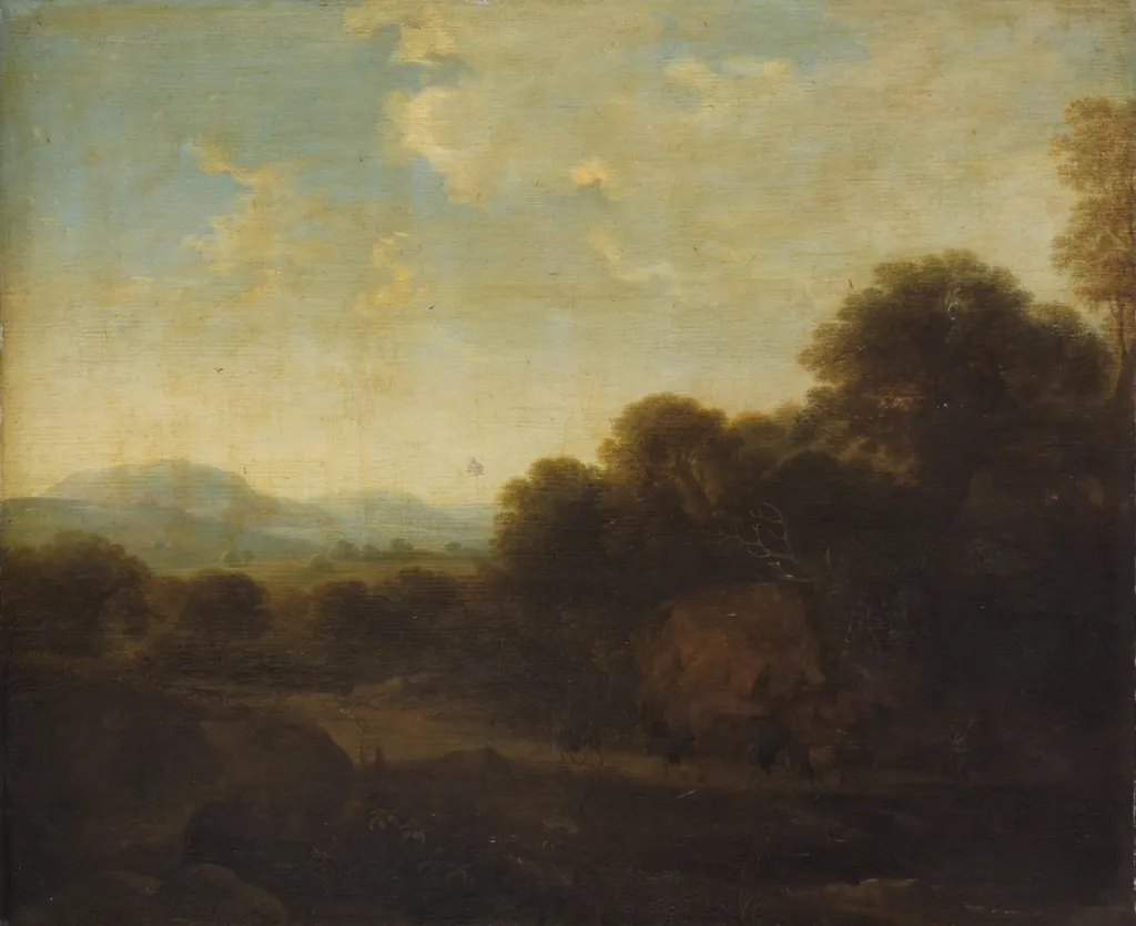 Abendlandschaft mit Maultieren, by Petrus van Hattich, unspecified, 1655