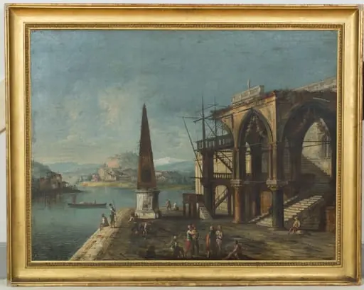 Phantasievedute mit gotischer Loggia und Obelisk Hafenansicht