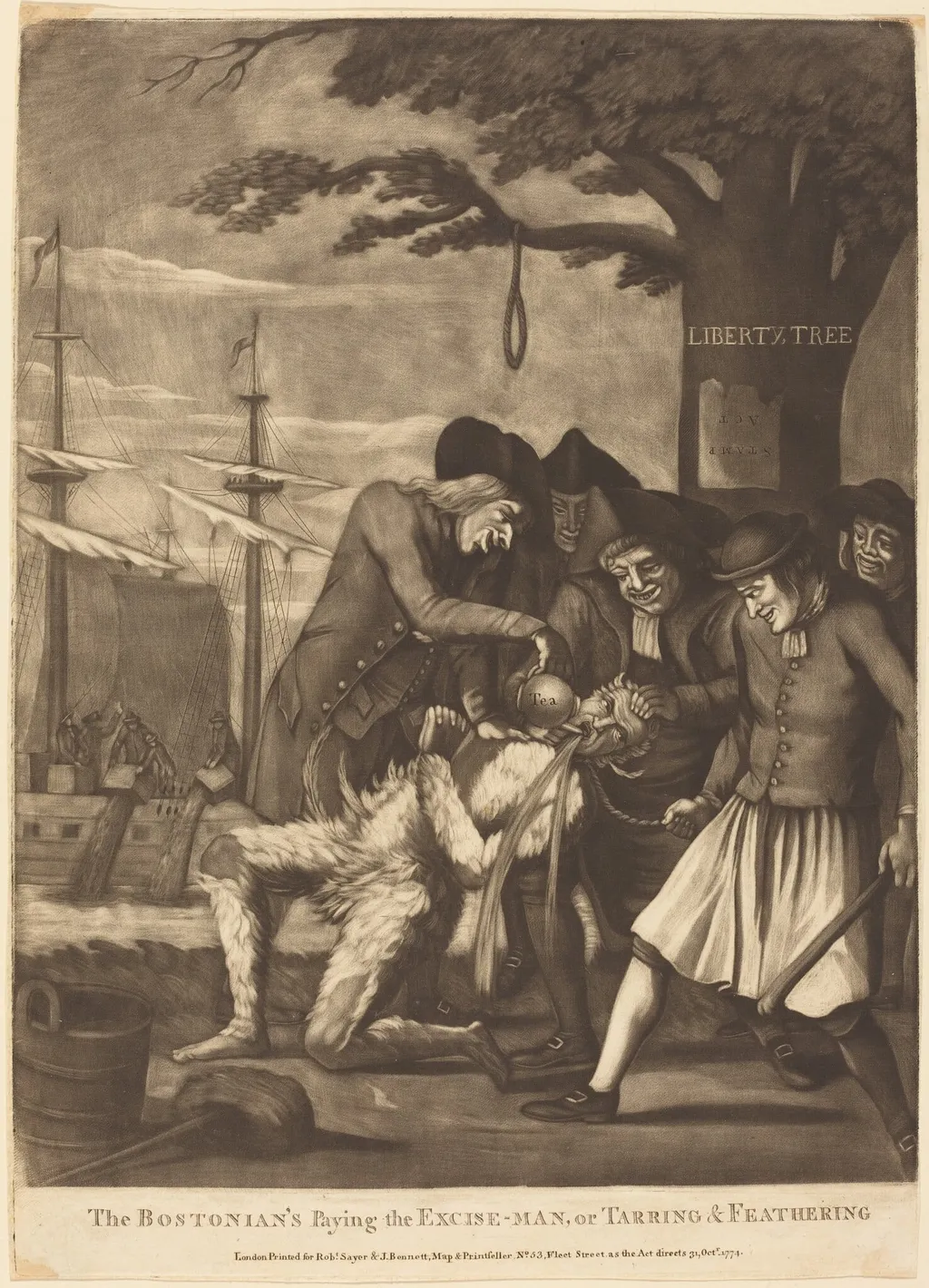 The Bostonian's Paying the Excise-Man, or Tarring & Feathering, by Philip Dawe, ink, 1774