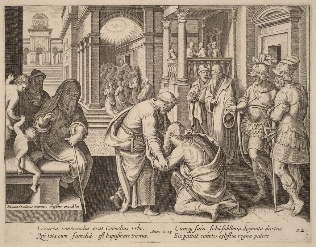 Cornelius Worshipping Saint Peter, by Philip Galle, ink, 1574