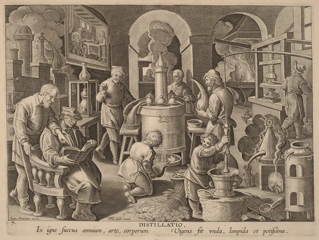 Distillatio (Distillation), by Philip Galle, ink, 1592