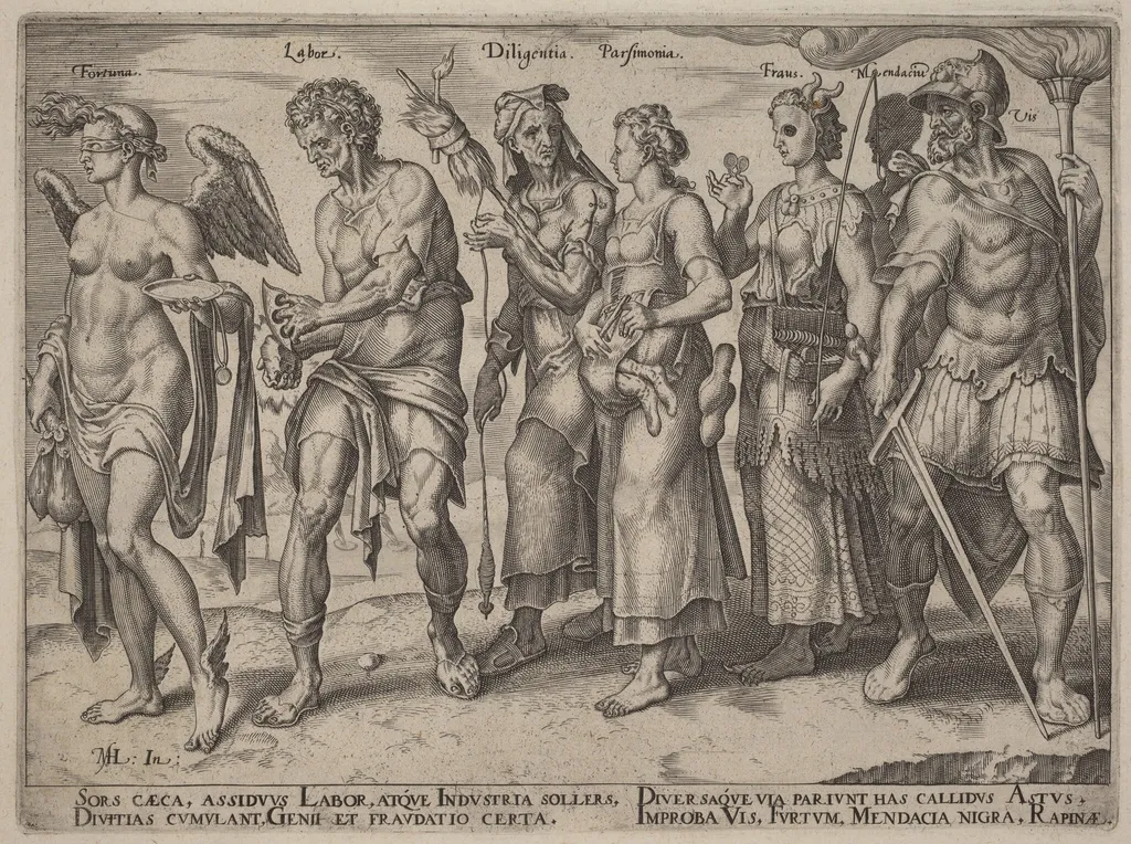 Honest and Dishonest Ways of Becoming Rich, by Philip Galle, ink, 1563