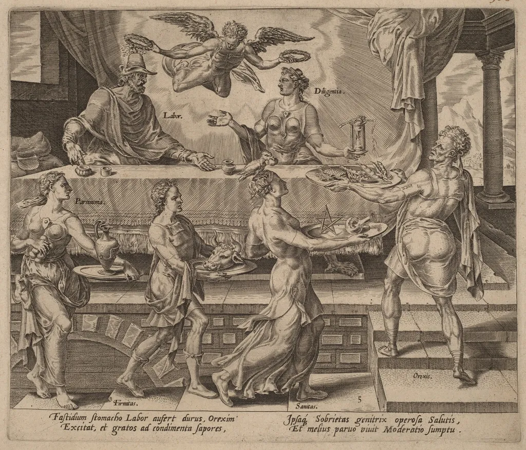 Labor and Diligence Enjoying their Simple Meal, by Philip Galle, ink, 1572