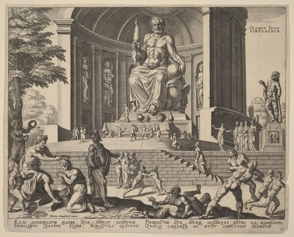 Olympy Iovis Simulacrum (The Statue of Jupiter at Olympia), by Philip Galle, ink, 1572