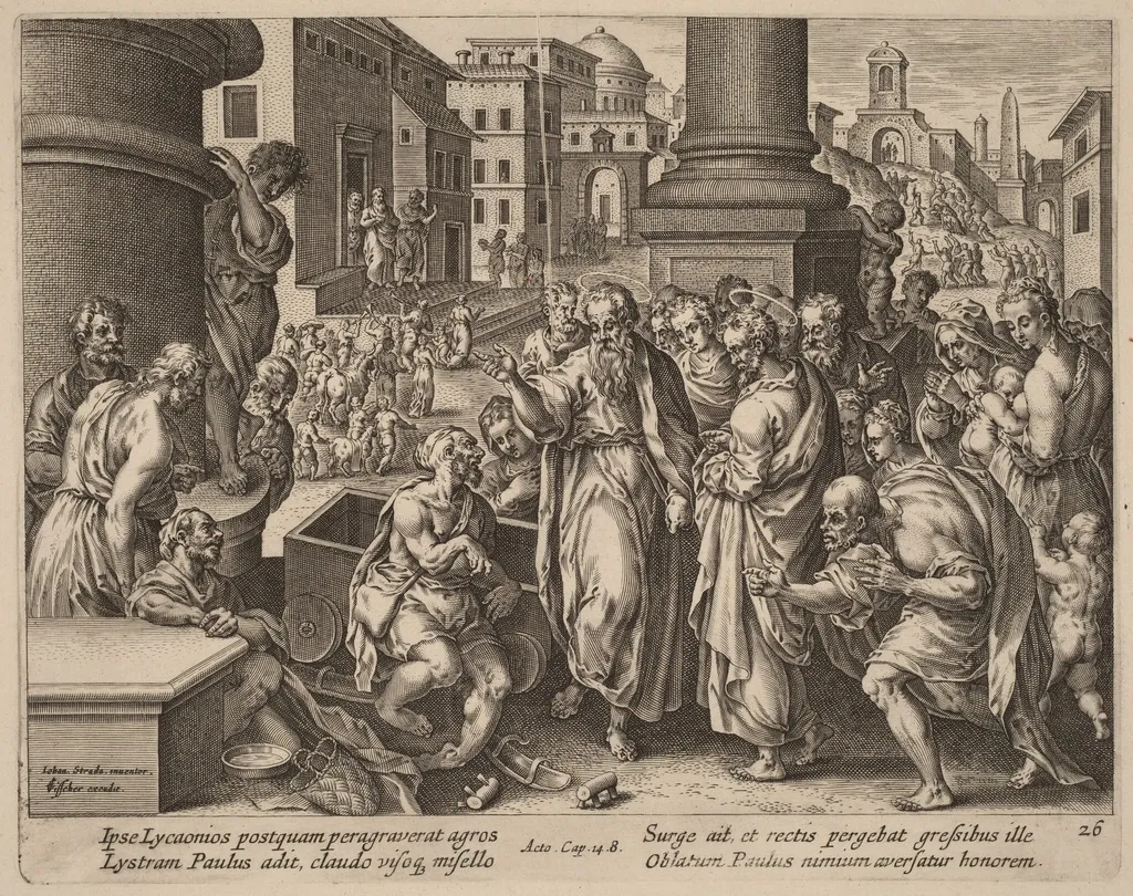 Saint Paul Heals the Lame Man at Lystra, by Philip Galle, ink, 1574