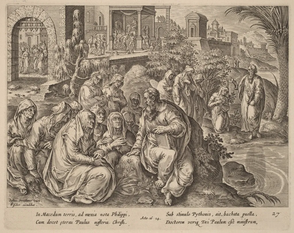 Saint Paul Speaks to the Women of Philippi by a River, by Philip Galle, ink, 1574