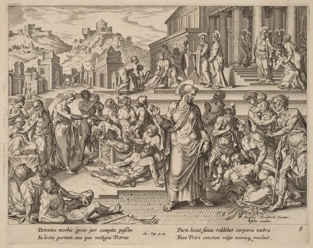 Saint Peter Healing the Sick with His Shadow, by Philip Galle, ink, 1574