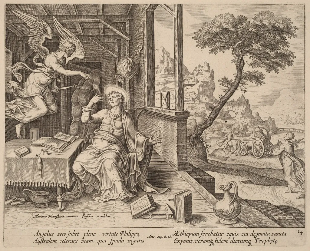 The Angel Orders Saint Philip to Accompany the Ethiopian Eunuch, by Philip Galle, ink, 1574