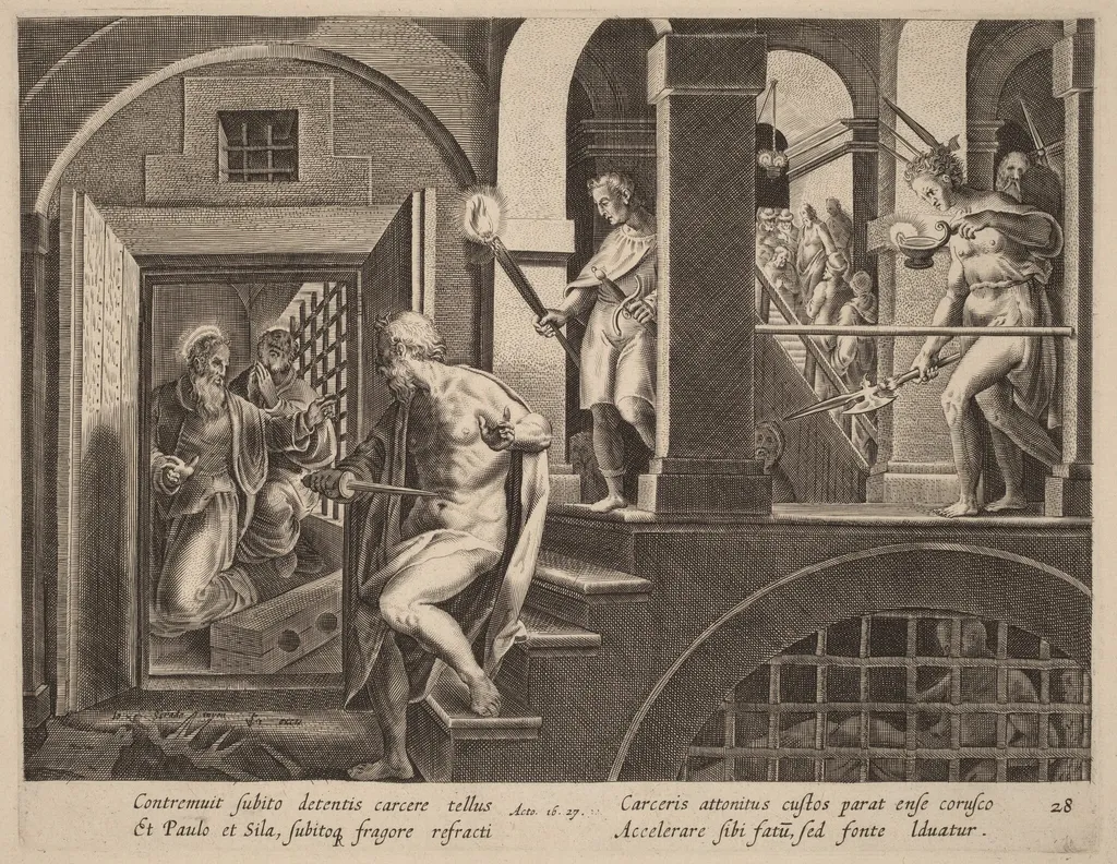 The Jailer about to Kill Himself, Converted by Saint Paul, by Philip Galle, ink, 1574