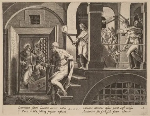 The Jailer about to Kill Himself, Converted by Saint Paul, by Philip Galle