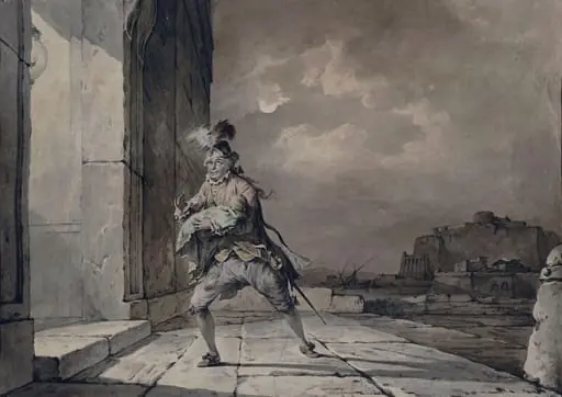 David Garrick as Don John in his adaptation of 'The Chances' by Beaumont and Fletcher, Act 1, Scene 2, with a view intended to be Naples in the background, by Philip James de Loutherbourg
