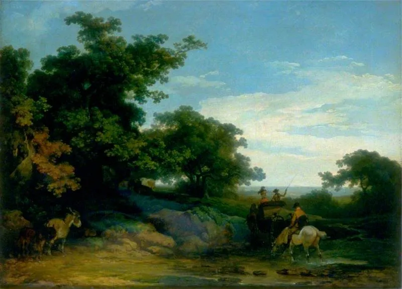 Landscape with Travellers, by Philip James de Loutherbourg, oil, 1790