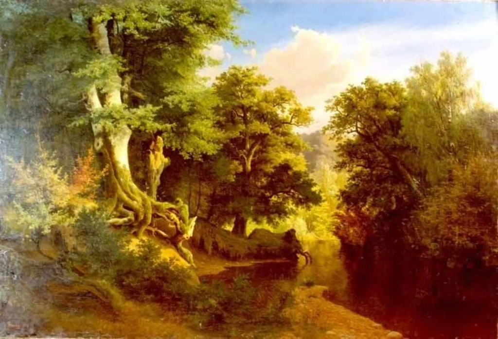 Peisaj de pădure cu râu, by Philip Otto Runge, unspecified, 1793