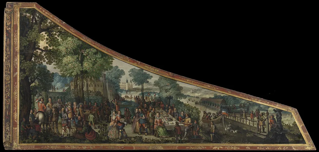 A painting on a harpsichord lid with a party by a river, by Philip Schey, oil, 1626