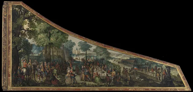 A painting on a harpsichord lid with a party by a river