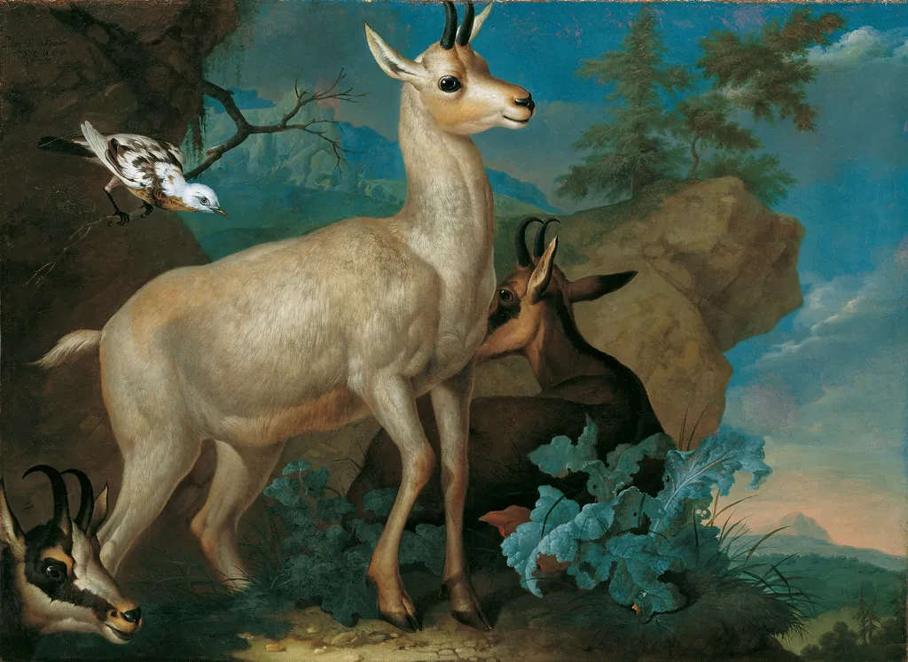 Drei Gemsen und eine Amsel, by Philipp Ferdinand de Hamilton, oil, 1722