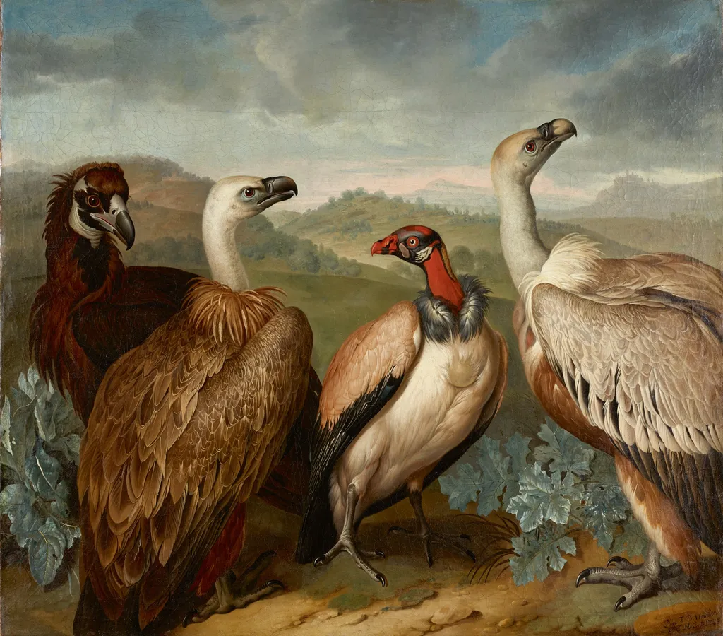 Four Vultures of Different Kind, by Philipp Ferdinand de Hamilton, oil, 1723