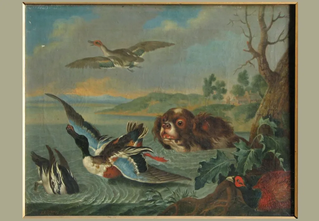 Rațe sălbatice gonite de un câine flocos. Pandant: Rațe sălbatice gonite de un câine, by Philipp Ferdinand de Hamilton, 1731