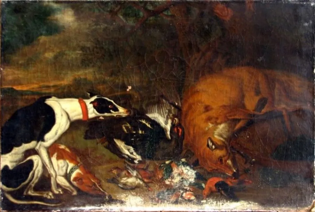 Vânat păzit de doi câini ; pandant: Vânat păzit de câini, by Philipp Ferdinand Hamilton, unspecified
