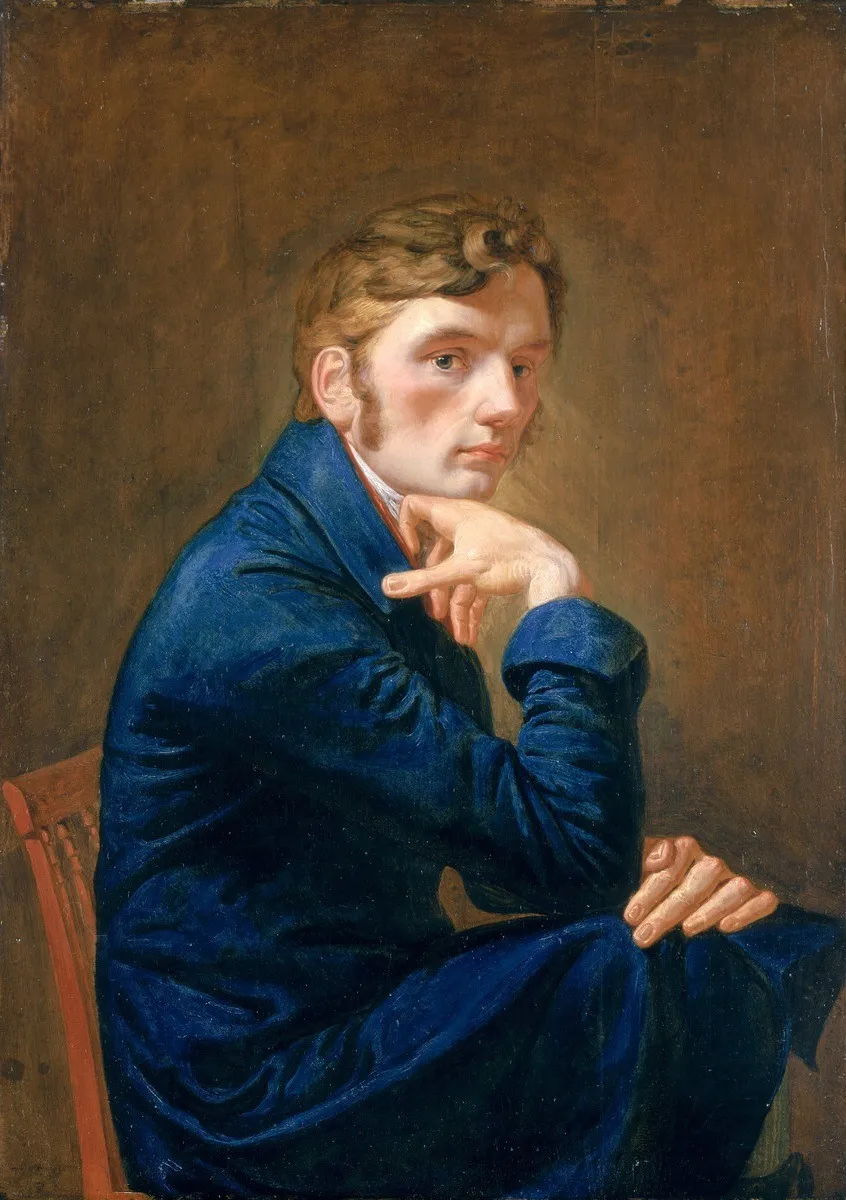 Self-portrait in a blue skirt, by Philipp Otto Runge, oil, 1805