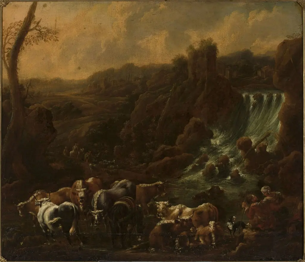 Cattle at the waterfall, by Philipp Peter Roos