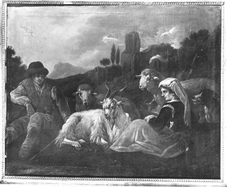 Hirtenpaar und Kleinvieh in italienischer Landschaft, by Philipp Peter Roos
