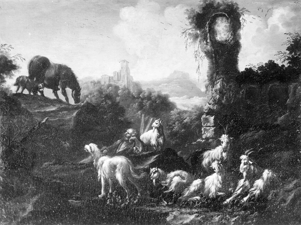 Landscape with Goatherd and Goats, by Philipp Peter Roos, oil, 1691