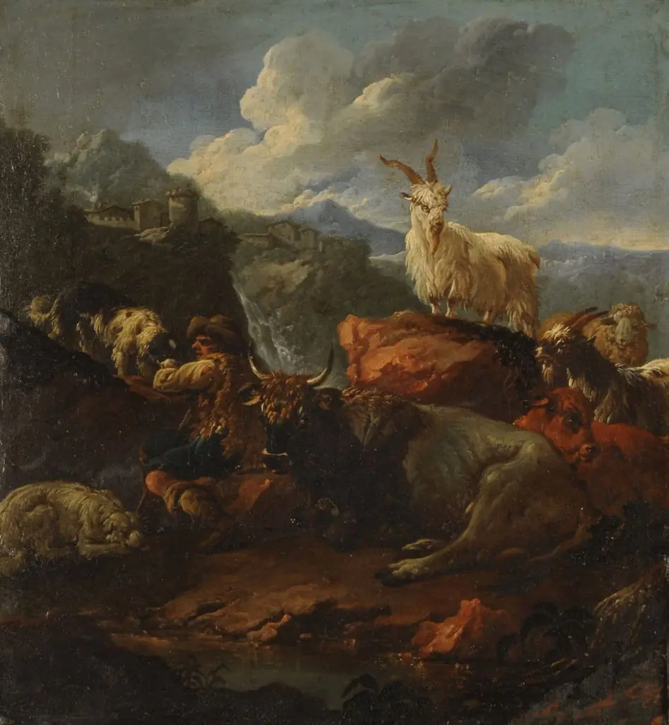 Shepherd and animals in a landscape, by Philipp Peter Roos
