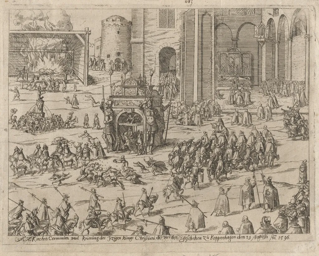 Kirchen Cermonien und Krönung des Zweigen Königs Christiani der Vierden... (Church Ceremonies and Coronation of the Eternal King Christian IV in Copenhagen on August 29, 1596, by Philipp Uffenbach, ink, 1596