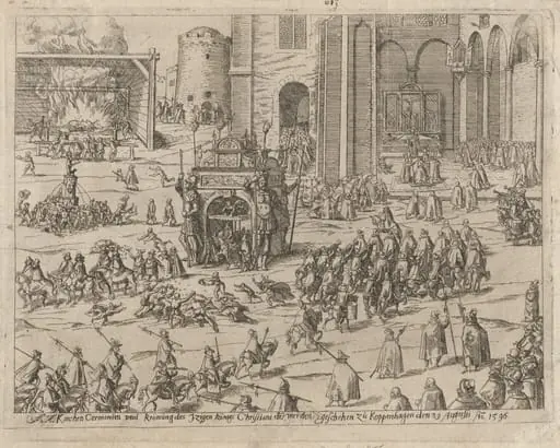 Kirchen Cermonien und Krönung des Zweigen Königs Christiani der Vierden... (Church Ceremonies and Coronation of the Eternal King Christian IV in Copenhagen on August 29, 1596, by Philipp Uffenbach