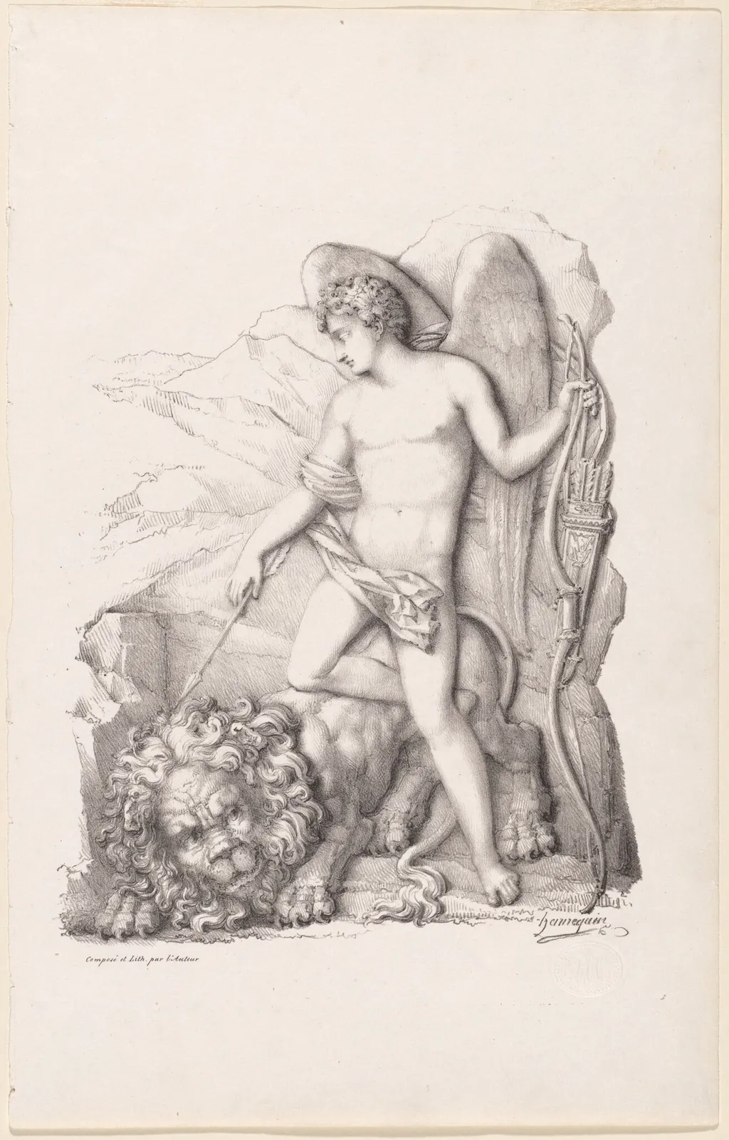 L’Amour terrassant un lion (Personification of Love Vanquishing a Lion), by Philippe-Auguste Hennequin, ink, 1825
