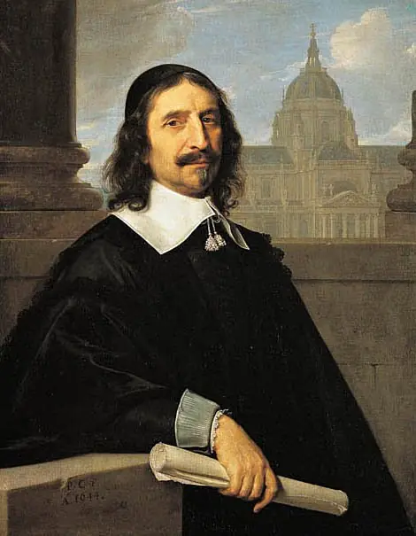 Portrait of Jacques Lemercier (1585-1654), Lemercier's Sorbonne in the background, by Philippe de Champaigne