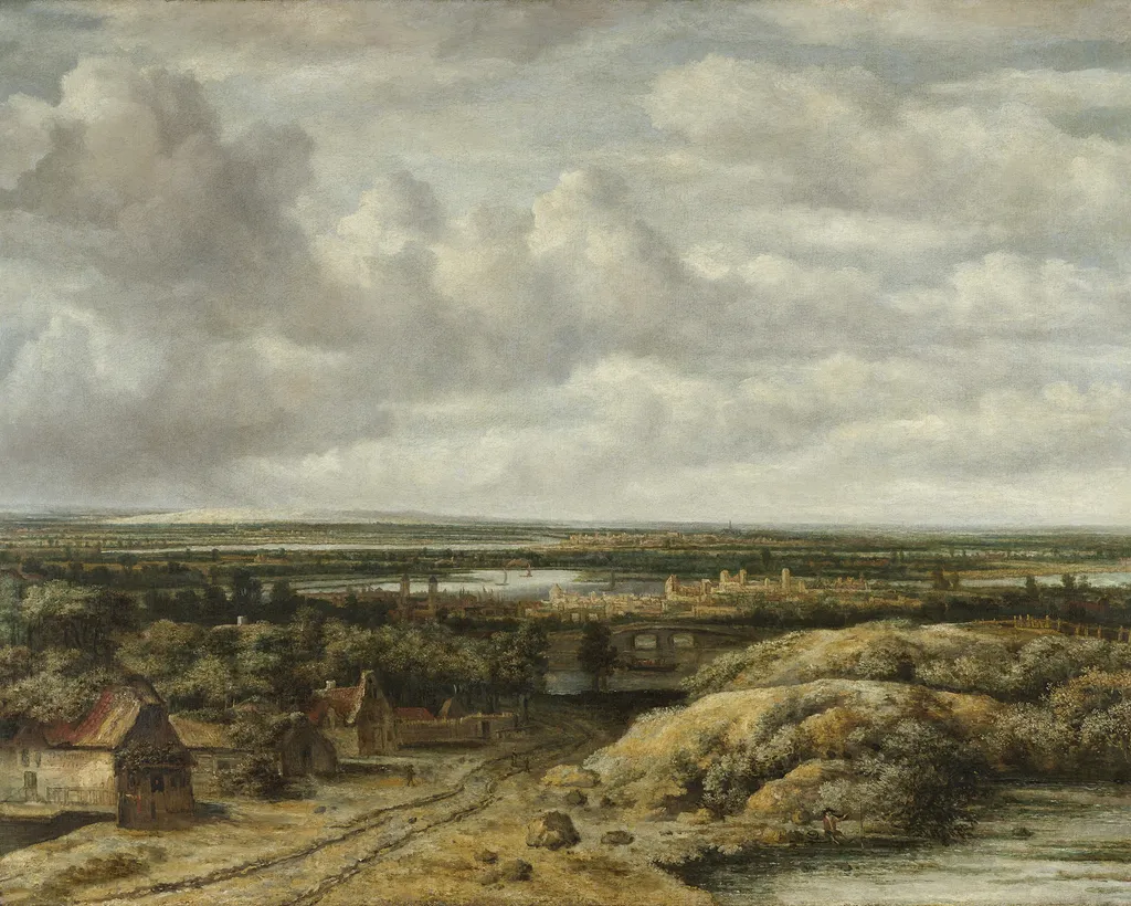 Distant View with Cottages along a Road, by Philips Koninck, oil, 1655