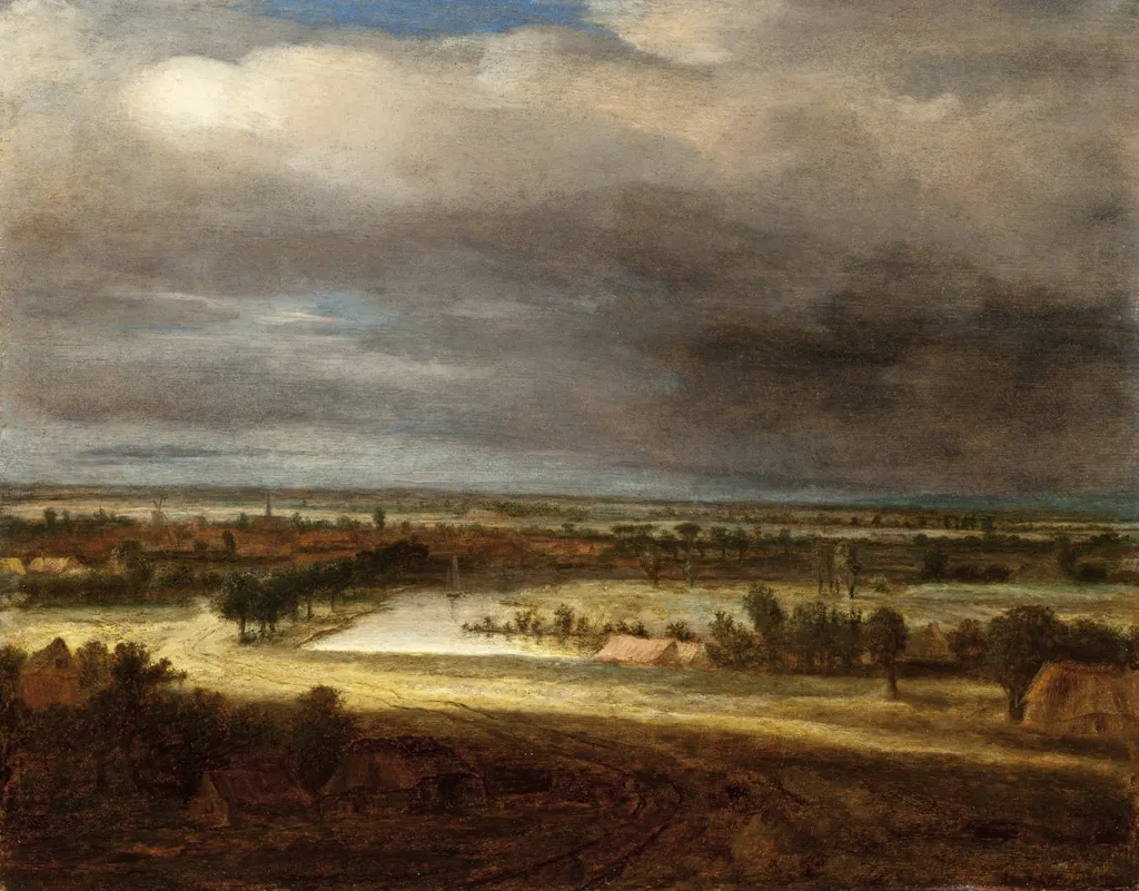 Panoramic Landscape with a Village, by Philips Koninck, oil, 1648