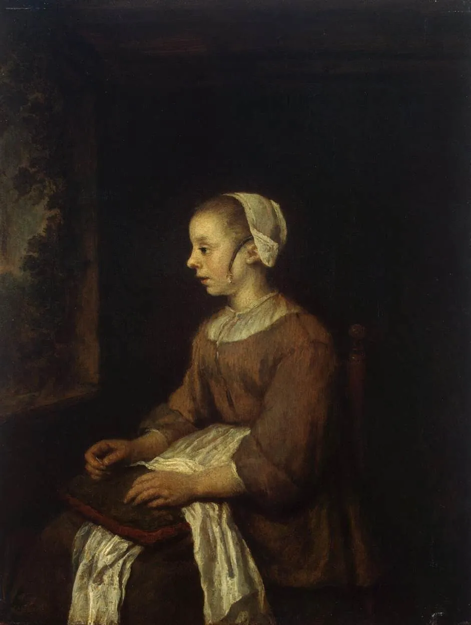 The Seamstress, by Philips Koninck, oil, 1671