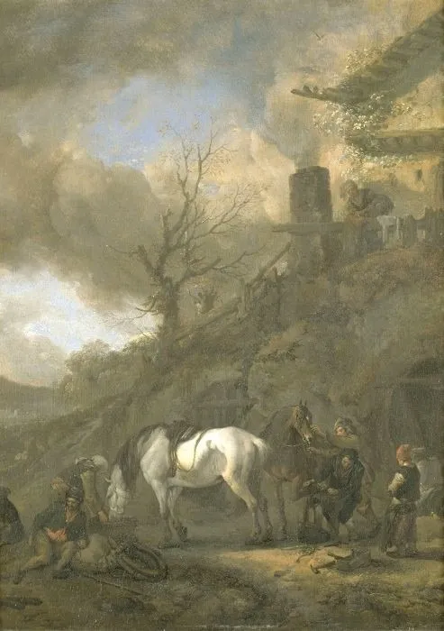 A horse at a smithy, by Philips Wouwerman, paint, 1654