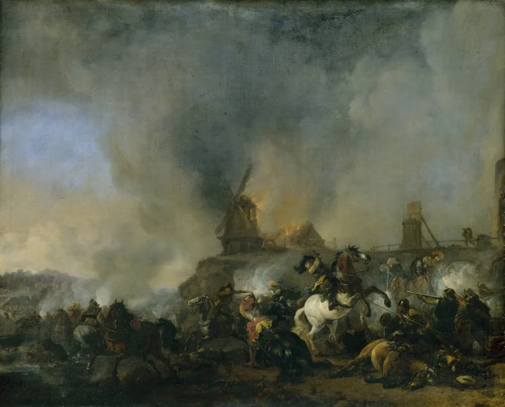 Cavalry in front of a Burning mill, by Philips Wouwerman, oil, 1660