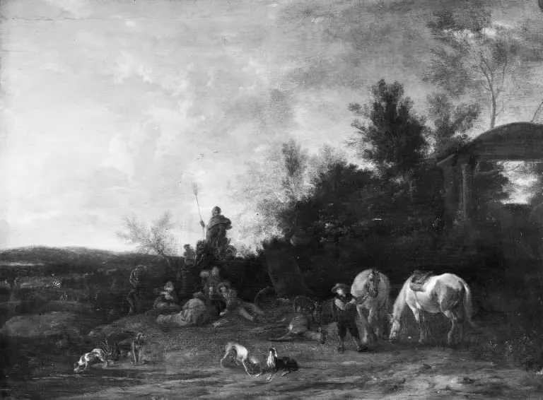 Evening Scenery with Resting Hunters, by Philips Wouwerman, unspecified, 1651