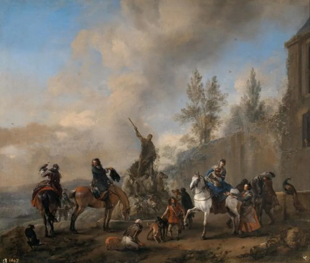 Falconers setting out on a Hunt, by Philips Wouwerman, oil, 1665