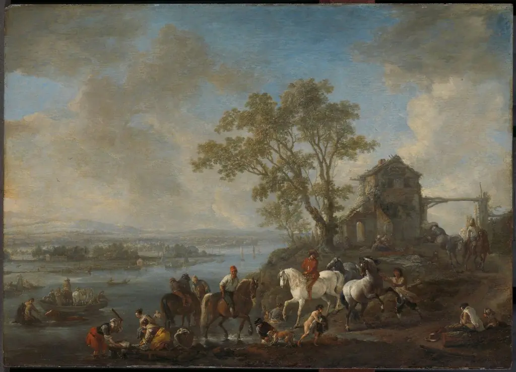 Horsepond on a river, by Philips Wouwerman