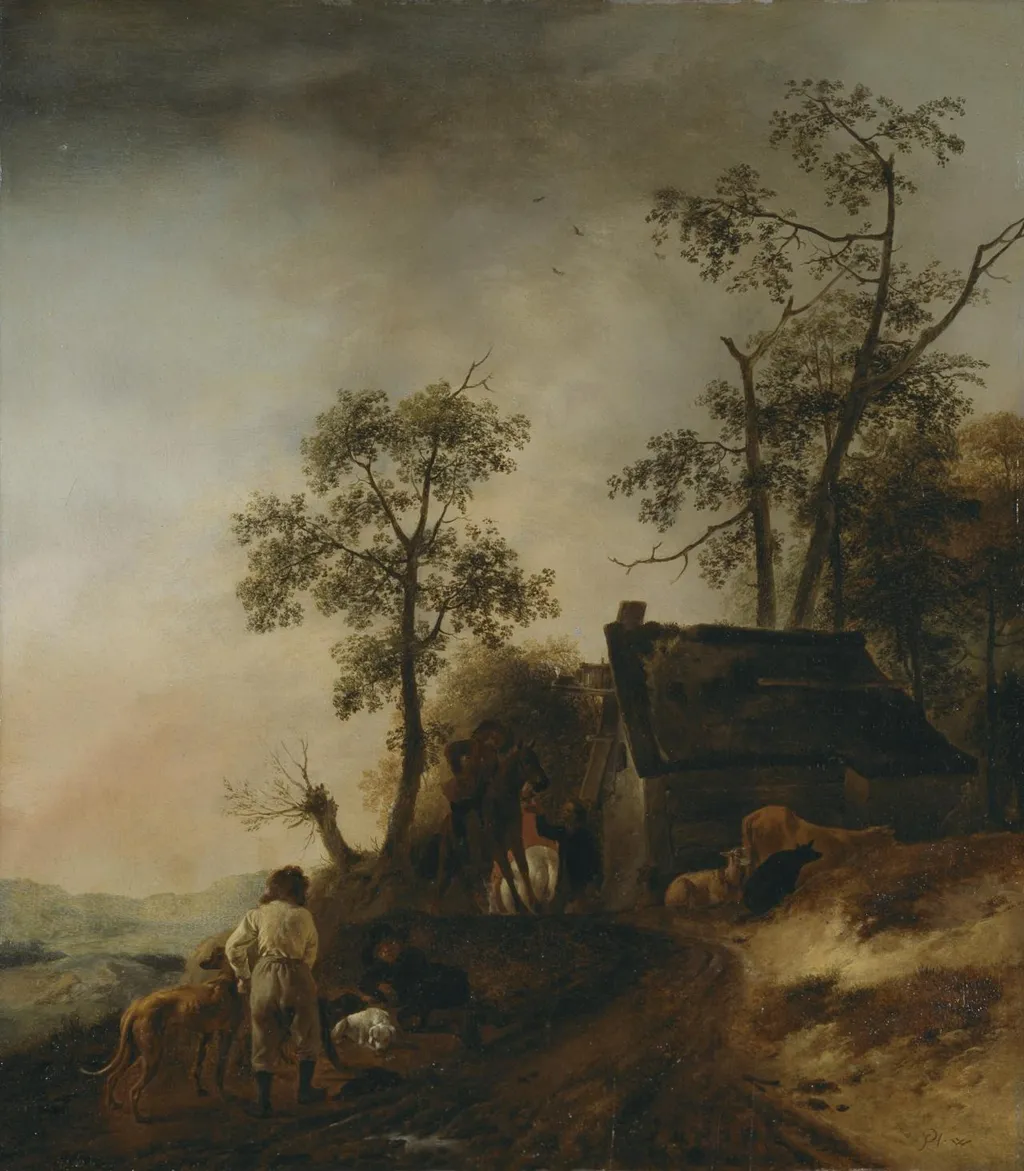 In front of the inn (Country scene with a hunting party), by Philips Wouwerman, oil, 1653