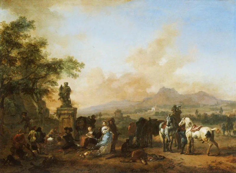 Rest at a Stag Hunt, by Philips Wouwerman, oil, 1666