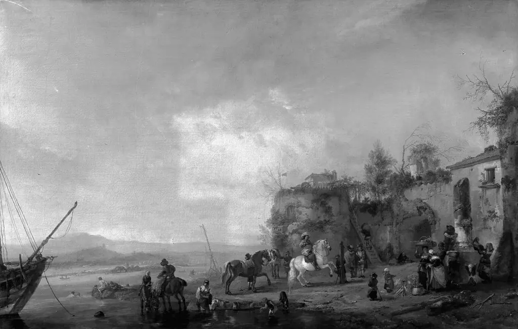 Riding school at the river bank, by Philips Wouwerman