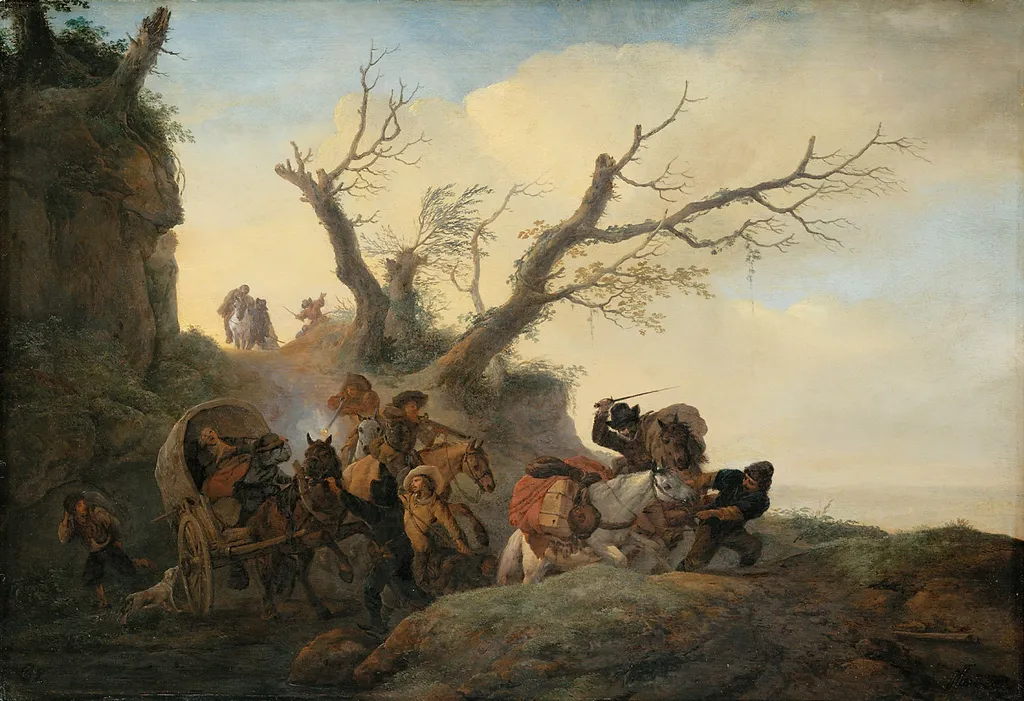 Robbers attacking Travellers, by Philips Wouwerman, oil, 1655