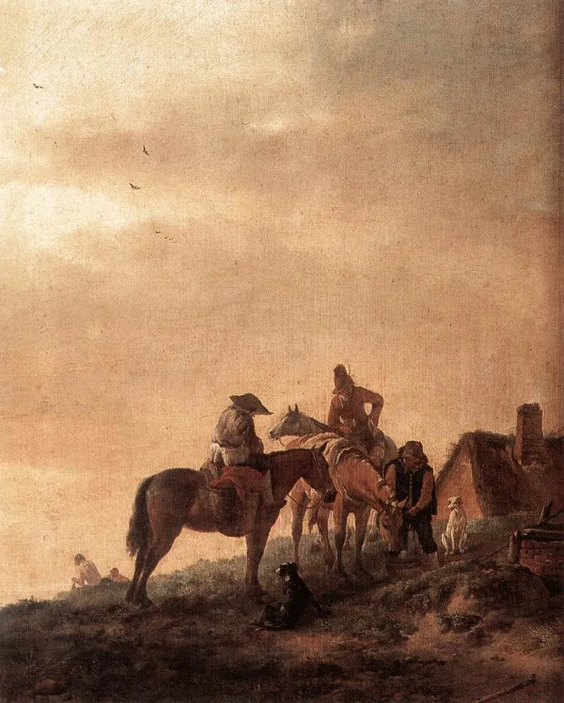 Three Horsemen halting at a Well, by Philips Wouwerman, oil, 1650
