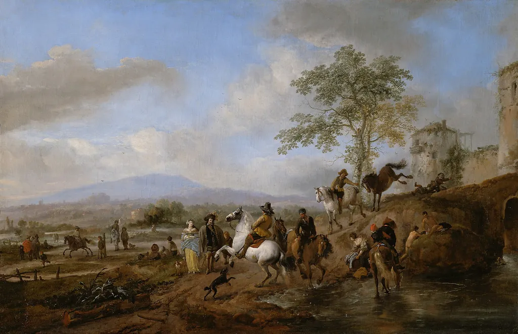 Watering and Exercising Horses, by Philips Wouwerman, oil, 1655