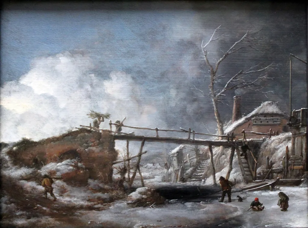 Winter Landscape with Wooden Bridge, by Philips Wouwerman, oil, 1660
