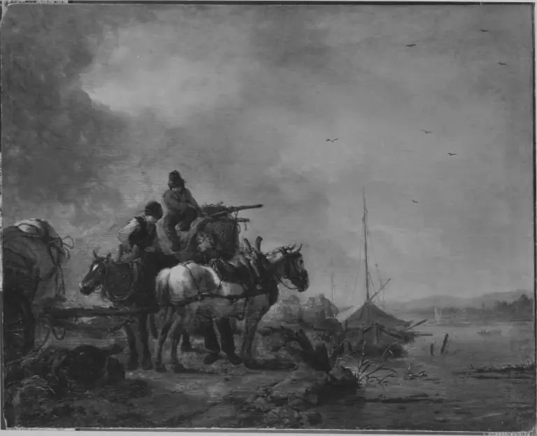 Zwei losgespannte Pferde am Fluss, by Philips Wouwerman