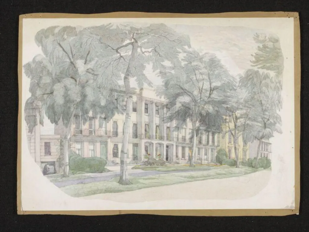 View of Regency terrace with large trees in front, by Phyllis E. Ginger, watercolor, 1945